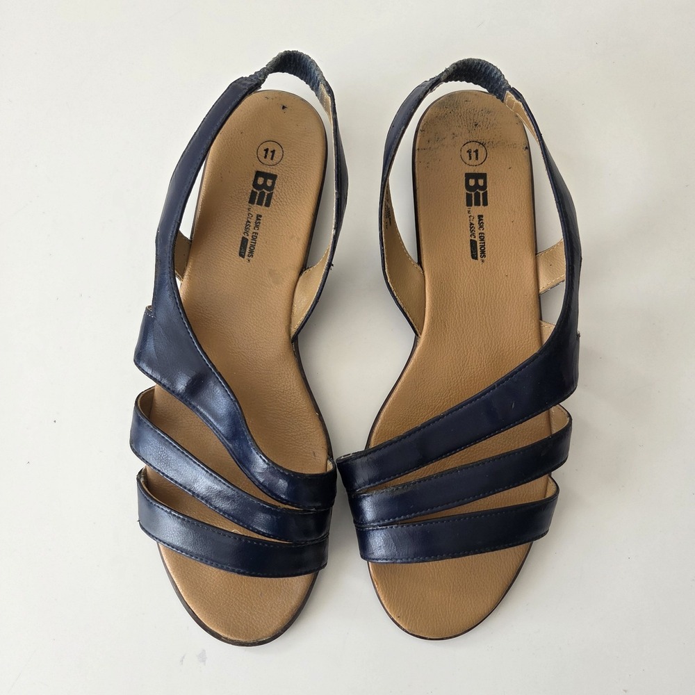 Vtg 90s Basic Editions Sandal Womens 11 Strappy Navy Blue Faux Leather Flats